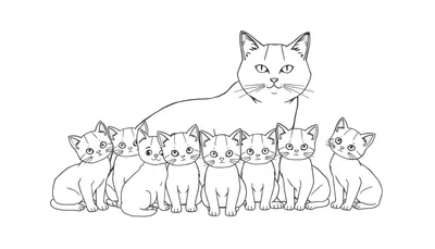 Zwart-witte lijntekening van een moederkat op de achtergrond met zeven kleine kittens op een rij ervoor, allemaal naar voren kijkend.