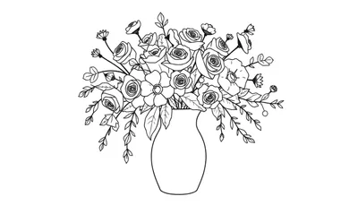 Zwart-wit lijntekening van een boeket bloemen met rozen, blaadjes en knoppen in een vaas, klaar om ingekleurd te worden.