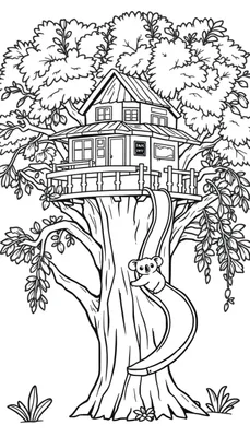 Zwart-wit lijntekening van een boomhut met een glijbaan en een koala, geschikt om in te kleuren.