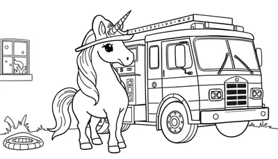 Zwart-wit kleurplaat van een schattige eenhoorn met brandweerhelm naast een brandweerwagen. Op de brandweerwagen staat 'JELLIDECIOUINGO'. In de achtergrond een raam met hartjes en planten. Op de voorgrond gras met een brandweerslang.
