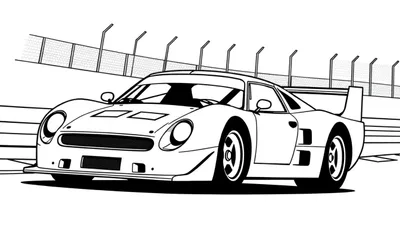 Zwart-wit lijntekening van een gestroomlijnde raceauto op een circuit, klaar om ingekleurd te worden.
