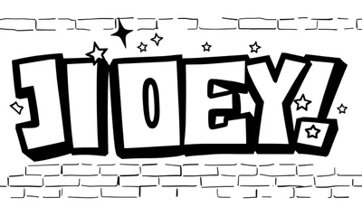 Zwart-wit kleurplaat met de naam JOEY! in grote graffiti letters, omringd door sterren en een bakstenen muur.