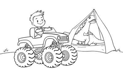 Zwart-wit tekening van een blije jongen die in een monster truck rijdt, met een tent en twee dinosaurussen ernaast.