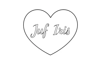 Kleurplaat van een hart met de tekst Juf Iris in het midden, met zwarte omtrek op witte achtergrond.