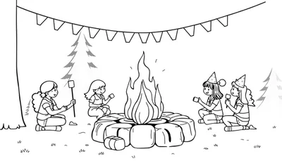Kleurplaat van vier meisjes die marshmallows roosteren bij een kampvuur, met slingers en feestmutsjes.