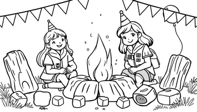 Twee lachende meisjes met lang haar en scoutsuniformen, elk met een feesthoedje, zitten rond een brandend kampvuur. Gras, houtblokken, slingers en een ballon creëren een feestelijke kampeersfeer.