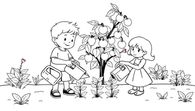 Zwart-wit tekening van een jongen en een meisje die water geven aan plantjes in een tuin met een appelboom vol appels.