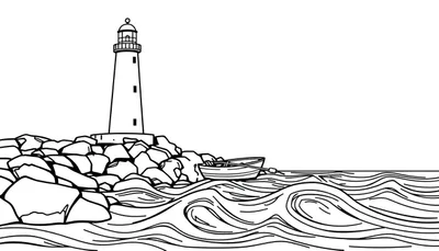 Zwart-wit lijntekening kleurplaat kustlandschap met vuurtoren op rotsen, golvend water en een roeibootje.