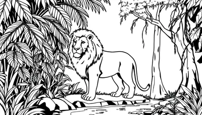 Zwart-wit kleurplaat van een volwassen mannetjesleeuw met een imposante manen, staand in een dichte jungle met palmachtige planten, hoge bomen, lianen en een rotsachtige oever langs een rivier.