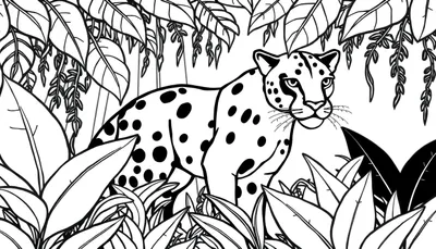 Zwart-wit lijntekening van een luipaard die tussen grote bladeren in een jungle staat.