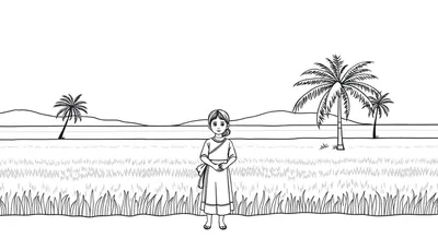 Zwart-wit lijntekening van een jong meisje dat centraal staat in een sereen landschap. Ze draagt een jurk, haar haar is opgestoken, en ze kijkt rustig naar de kijker. De voorgrond is gevuld met gedetailleerd gras. Op de achtergrond zijn glooiende heuvels en een horizontale waterlijn te zien. Twee pa