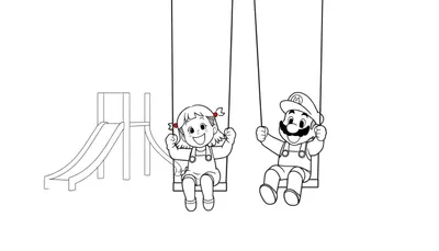 Zwart-wit kleurplaat van een lachend meisje met staartjes en Mario, beiden schommelend in een speeltuin.