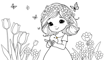 Zwart-wit lijntekening van een lief meisje met een bloemenkrans, dat een klein vogeltje vasthoudt, omringd door tulpen, madeliefjes en vlinders.