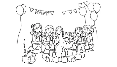 Een zwart-wit lijntekening van zes blije meisjes die samen in een kring om een kampvuur zitten. Ze dragen hoodies en korte broeken, sommige met mokken. Een meisje rechts van het vuur knipoogt en houdt een boek met 'IRL' erop vast. Boven hen hangen ballonnen en vlaggenlijnen met 'HAPPY'. Links ligt e
