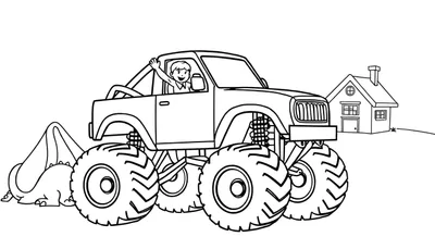 Zwart-wit lijntekening van een kinderkleurplaat met een monstertruck, een jongen, een dinosaurus en een huisje.