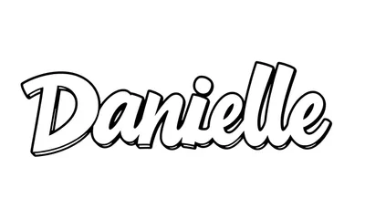 Kleurplaat met de naam Danielle, geschreven in speelse witte letters met dikke zwarte omtrek en 3D-effect op een witte achtergrond.