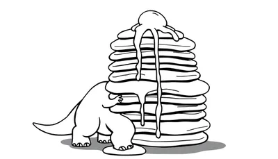 Zwart-wit cartoonkleurplaat van een grote stapel pannenkoeken met siroop die eraf druipt, naast een kleine dinosaurus die de pannenkoeken omarmt.