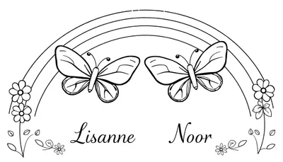 Zwart-wit kleurplaat met een regenboog, twee vlinders, bloemen en de namen Lisanne en Noor.