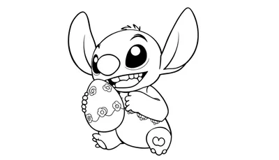 Kleurplaat van Stitch die blij een paasei vasthoudt, met bloemen en krullen erop. Stitch glimlacht breed met zijn mond open.