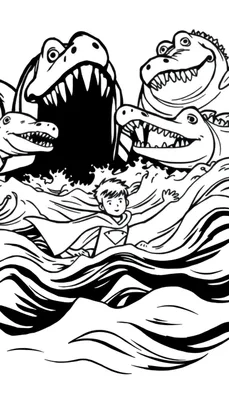 Kleurplaat van een jongen met een superheldencape die oog in oog staat met grote, tandeloze watermonsters.