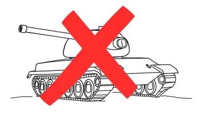 Een zwart-witte lijntekening van een tank, bedekt met een groot rood kruis, op een witte achtergrond.
