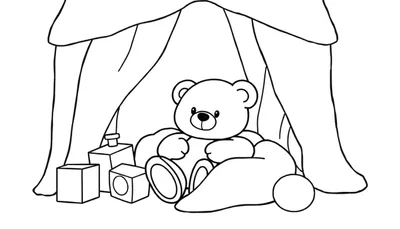 Zwart-wit tekening van een teddybeer die zich verstopt onder een deken met speelgoed.