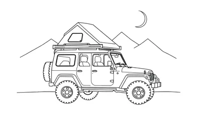 Zwart-wit lijntekening van een terreinwagen met daktent, bergen en een halve maan, ideaal als kleurplaat.
