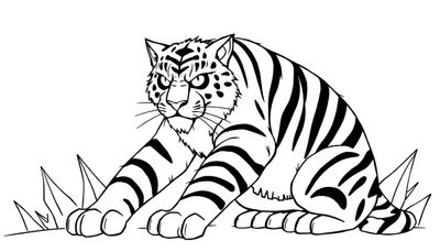 Zwart-wit lijntekening van een tijger die hurkt met voorpoten gestrekt en een intense blik, omringd door gras.