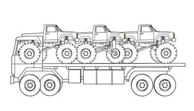 Zwart-wit lijntekening van een transportwagen met drie monsterwagens op de oplegger.