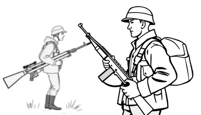 Kleurplaat van twee militairen, een soldaat op de voorgrond met geweer en een rennende soldaat op de achtergrond met richtkijker.