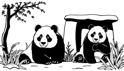 Kleurplaat van twee panda's, waarvan één buiten zit onder een boom en de ander in een stenen hol. De omgeving is gevuld met gras en struiken.