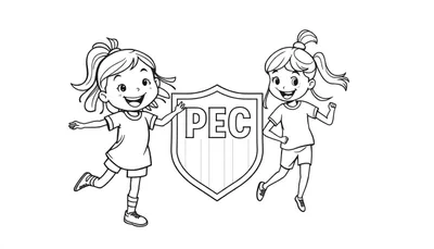 Kleurplaat van twee vrolijke cartoonmeisjes, één danst en de ander rent, met een schild met de letters 'PEC' ertussen.