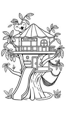 Zwart-wit kleurplaat van een tweelaagse boomhut met een balkon, een rond raam, een bordje 'Kowala's Shop' en een glijbaan. Een koala gluurt over het dak, omringd door boomtakken en bladeren. Een hangmat is tussen de takken gespannen.