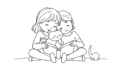 Zwart-wit lijntekening van twee lachende meisjes die samen een boek lezen, met een kat en een speelgoeddinosaurus.