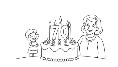 Zwart-wit lijntekening van een vrolijke 70e verjaardag met een kind, een oudere vrouw, en een grote taart met '70' kaarsen en 'HAPPY BIRTHDAY' letters.
