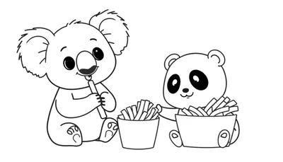 Zwart-wit tekening van een schattige koala die een frietje eet en een panda die naar een bakje frietjes reikt, beide geanimeerd en vrolijk.
