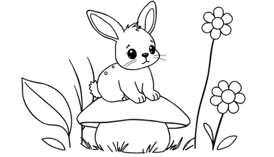 Kleurplaat van een schattig konijntje met grote ogen, zittend op een grote paddenstoel, met bladeren, gras en bloemen eromheen. Lijntekening voor kinderen.
