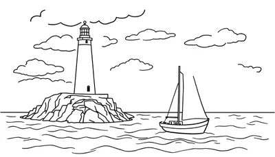 Zwart-wit lijntekening van een kustlandschap met een vuurtoren op rotsen, een zeilboot op kalme zee en gestileerde wolken.