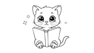 Een zwart-wit lijntekening van een schattige, jonge kat die rechtop zit en een open boek leest. De kat heeft grote ogen, een glimlach en snorharen. Drie kleine, omrande sterretjes zweven rond zijn hoofd. De achtergrond is wit.