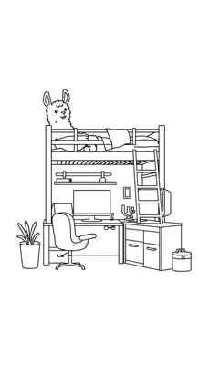Kleurplaat van een slaap- en studeerkamer met een hoogslaper, bureau, en een lama die over de bedrand kijkt.