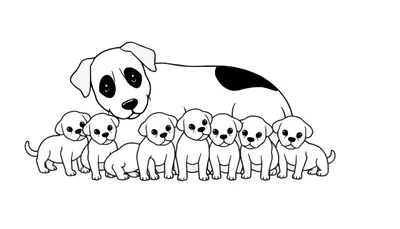 Zwart-witte illustratie van een lieve moederhond die achter haar zeven witte puppy's staat. De moederhond heeft een zwarte vlek op haar rug en grote ogen. De puppy's hebben ook grote ogen en sommige hebben een roze blos.