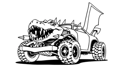 Zwart-wit lijntekening van een monster truck met een dinosaurus/drakenkop als voorkant, stekels, grote wielen en een vleugel.