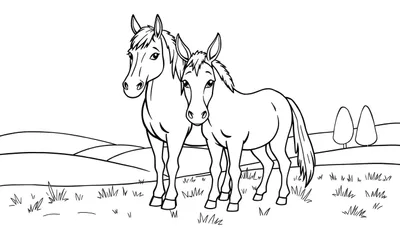 Een kleurplaat met twee paardachtige dieren, een groter paard links en een kleiner dier rechts, in een cartoonstijl. Ze staan in een graslandschap met heuvels en bomen op de achtergrond.