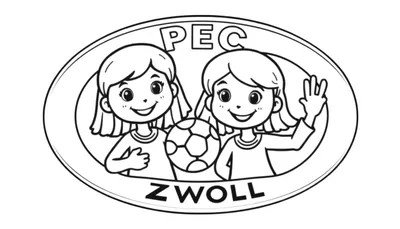 Kleurplaat van PEC Zwolle met twee lachende meisjes die een voetbal vasthouden, ingekaderd in een ovaal.