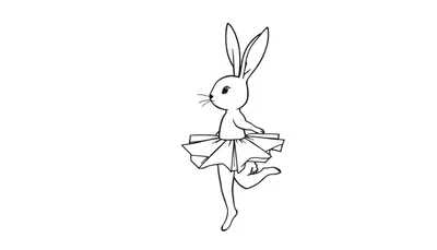 Zwart-wit lijntekening van een schattig konijn dat een tutu draagt en in een sierlijke balletpose staat.