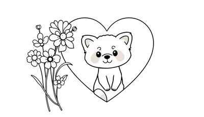 Kleurplaat van een schattig cartoon diertje binnenin een groot hart, met bloemen ernaast.