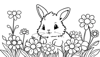 Een schattig, pluizig konijntje kijkt op uit een veld vol bloemen in een zwart-witte lijntekening.