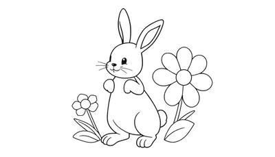 Kleurplaat van een schattig konijn dat rechtop staat met zijn poten opgetild, naast twee bloemen. Eenvoudige lijntekening voor kinderen.