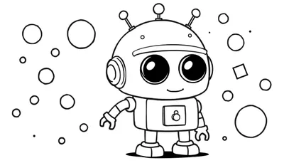 Zwart-wit lijntekening van een lieve cartoon robot met ronde ogen, antennes en een glimlach, omringd door cirkels.