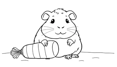 Zwart-wit tekening van een schattige cavia met grote ogen die een wortel vasthoudt, klaar om gekleurd te worden.
